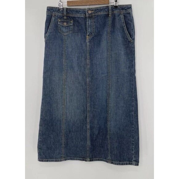 Vintage Old Navy Denim Long Jean Maxi Skirt Y2K Modest Size 14 Back Slit Preppy